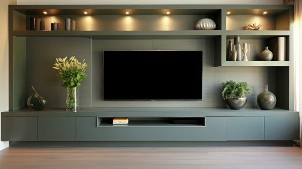 A modern living room entertainment unit with a mounted flat-screen TV. Surrounding shelves display decorative vases and plants. Soft lighting highlights the stylish green cabinetry and wooden floor.