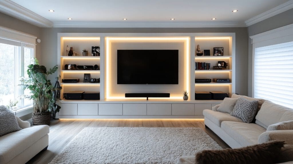 A modern living room with a large TV mounted on a wall surrounded by illuminated shelves displaying decor items. Two sofas face the TV, with a shaggy rug on the floor. Large windows on the left let in natural light, and a tall plant accents the space.