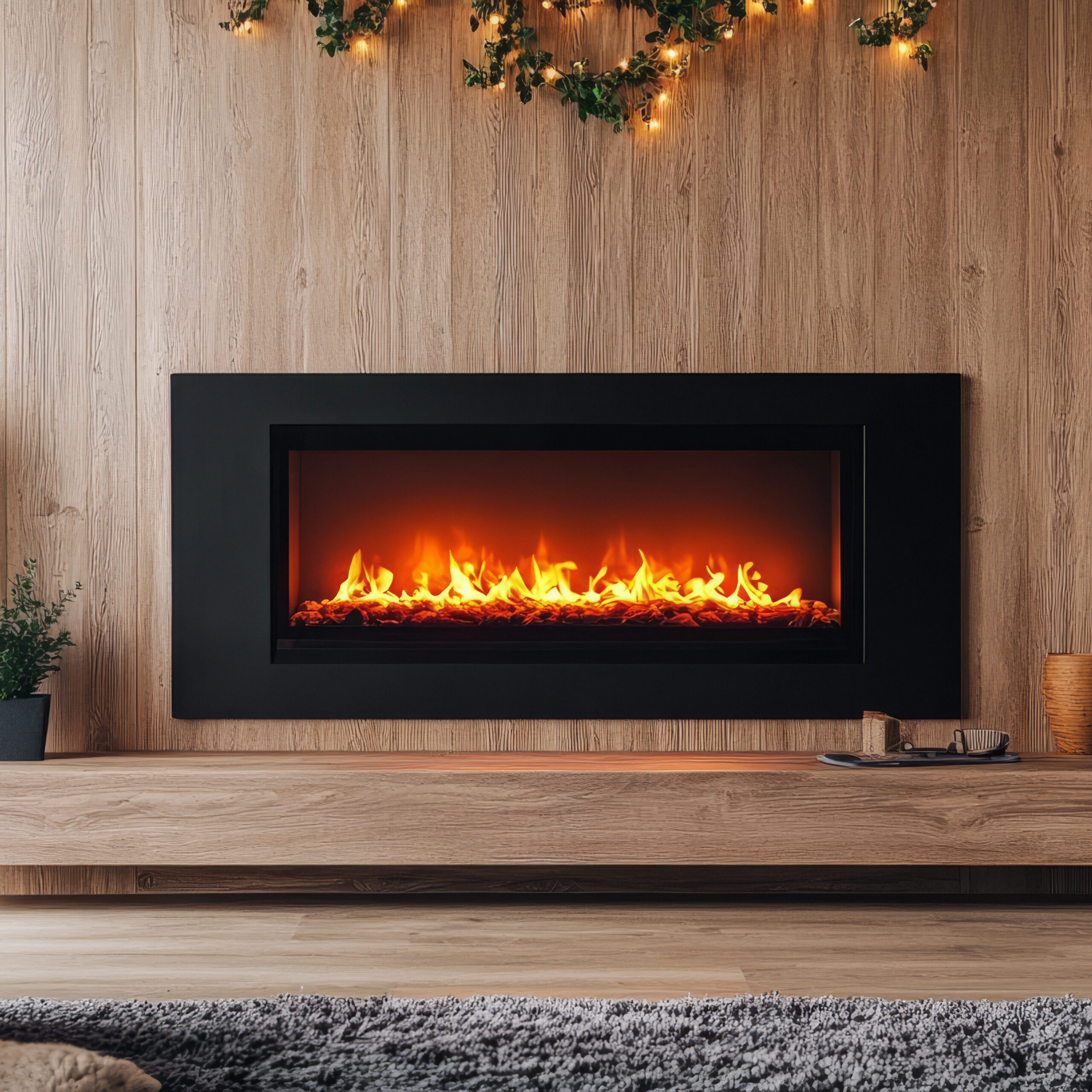 A modern living room features a sleek black-framed fireplace with vibrant flames against a wooden accent wall. Above the fireplace is greenery with small lights. A plant and decorative items are on the shelf, and a cozy rug is on the floor.